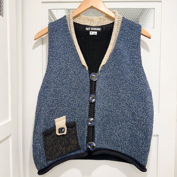SOLD Vintage Ani Barrie Art Sweater Vest 100% Cotton Blue Black Pockets Knit - Picture 2 of 8